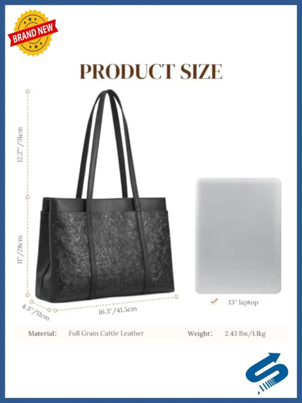 Large Leather Tote Bag Women Full Grain Cattle Leather 3 Compartments Fits 14